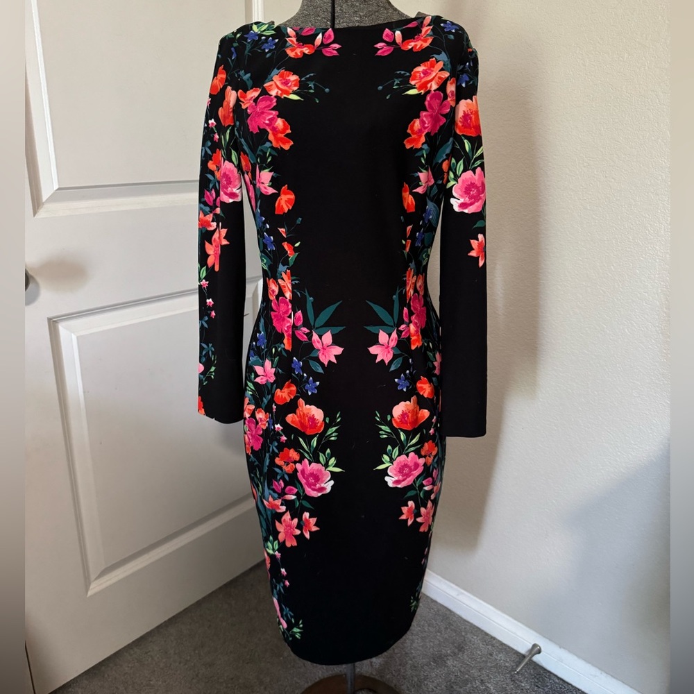 Eliza J Black Dress with Vibrant Floral Design